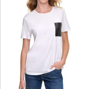 DKNY Womens White Faux-Leather-Pocket T-Shirt Size XS New With Tags